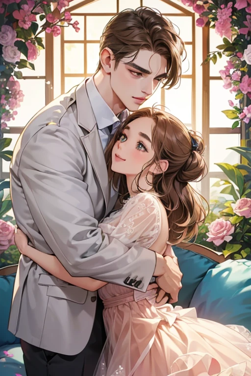 (table top, digital illustration, 4k, 8k, super detailed, beautiful images, clear image, perfect face, perfect lines, perfect eyes, soft lighting) 1 female, (light brown hair,chignon hair,innocent look,droopy eyebrows,droopy eyes、With a round face,round chin、innocence,cute,Big eyes,natural makeup,smile gently,E cup,23 years old:1.3),Two handsome men in suits, (human,man wearing a suit,muscular,solid shoulder width, boyish hairstyle,A man in his 30s with a cool expression,28 year old man with a bright smile:1.2),garden full of light、lots of flowers、squirt、colorful flower light,(embarrassing,shy smile:1.2),resort sofa,kiss、Couple kiss、romance porn、male and female couple、hug