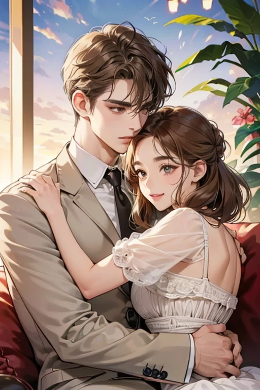 (table top, digital illustration, 4k, 8k, super detailed, beautiful images, clear image,  perfect face, perfect lines, perfect eyes, soft lighting) 1 female, (light brown hair,chignon hair,innocent look,droopy eyebrows,droopy eyes、With a round face,round chin、innocence,cute,Big eyes,natural makeup,smile gently,E cup,23 years old:1.3),Two handsome men in suits, (human,man wearing a suit,muscular,solid shoulder width,  boyish hairstyle,A man in his 30s with a cool expression,28 year old man with a bright smile:1.2),garden full of light、lots of flowers、squirt、colorful flower light,(embarrassing,shy smile:1.2),resort sofa,kiss、Couple kiss、romance porn、male and female couple、hug