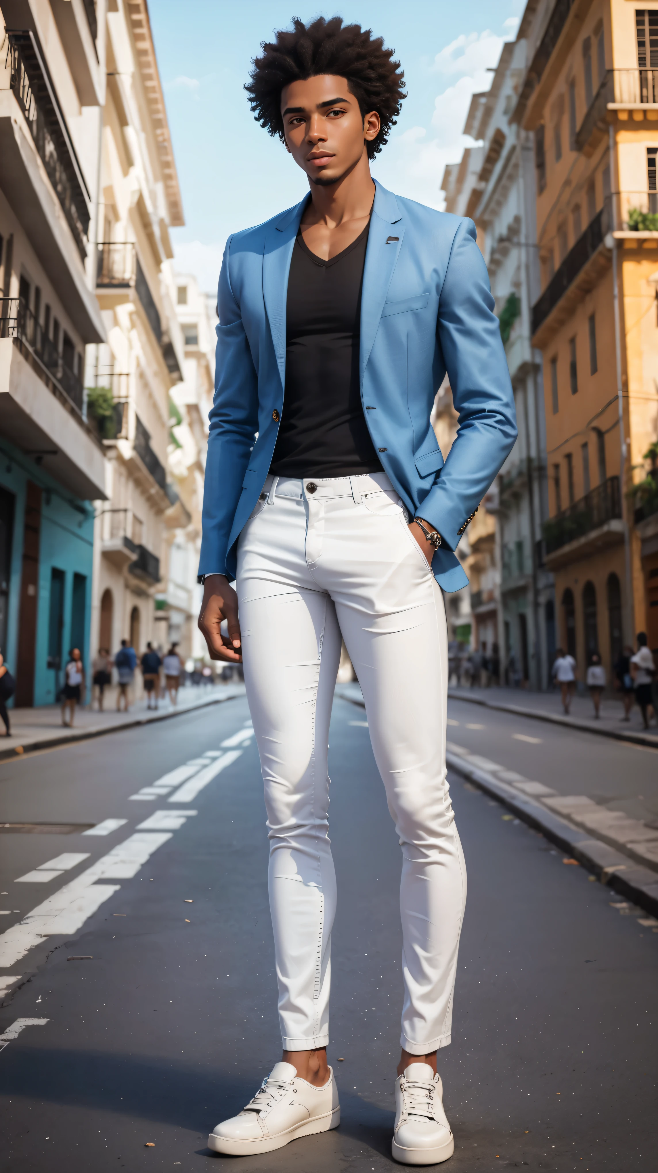 (((full body))), 25 year old Afro-Brazilian young man, (((man))), lawyer, ((curly hair)), black skin, ((short hair)), with extremely perfect hair, hands perfect, looking at the camera, pose with hands in pocket, white shirt and gray blazer, jeans (((in the background of the city of Rio de Janeiro)))