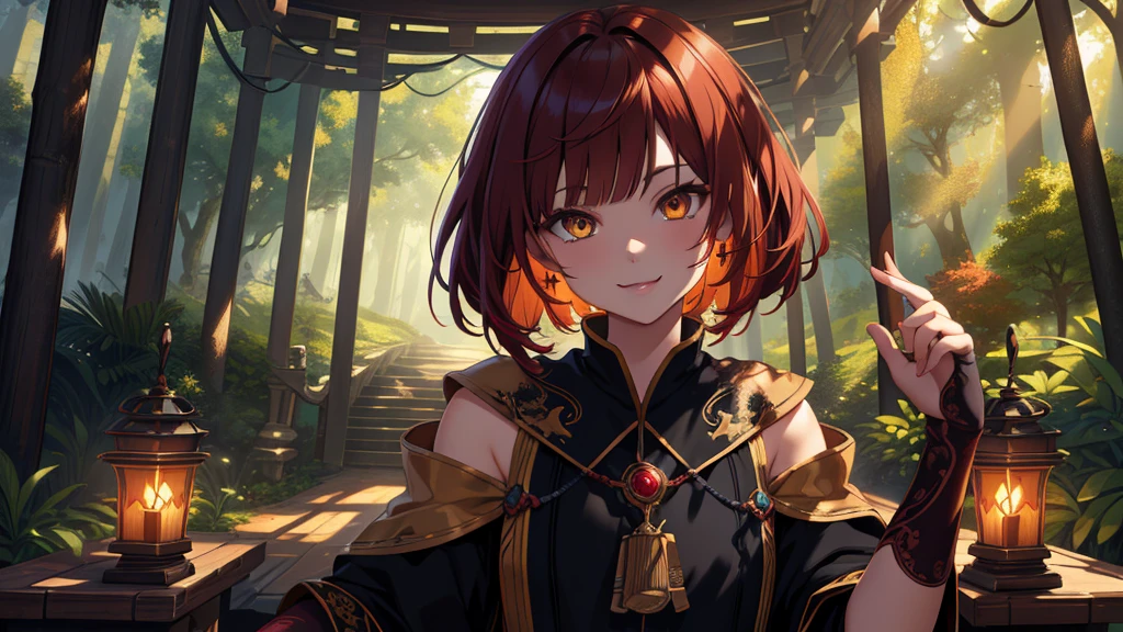 (Highly detailed CG Unity 4k wallpaper),(masterpiece),(Highest quality),(Super detailed),(Best illustrations),(Best Shadow),(Absurd),(Detailed Background), Set in a dark fantasy forest, Shoulder-length dark red hair (Bobcut),smile, Dynamic pose, Amber Eyes, Priestess's Cloak, Neutral expression, close, Circlet