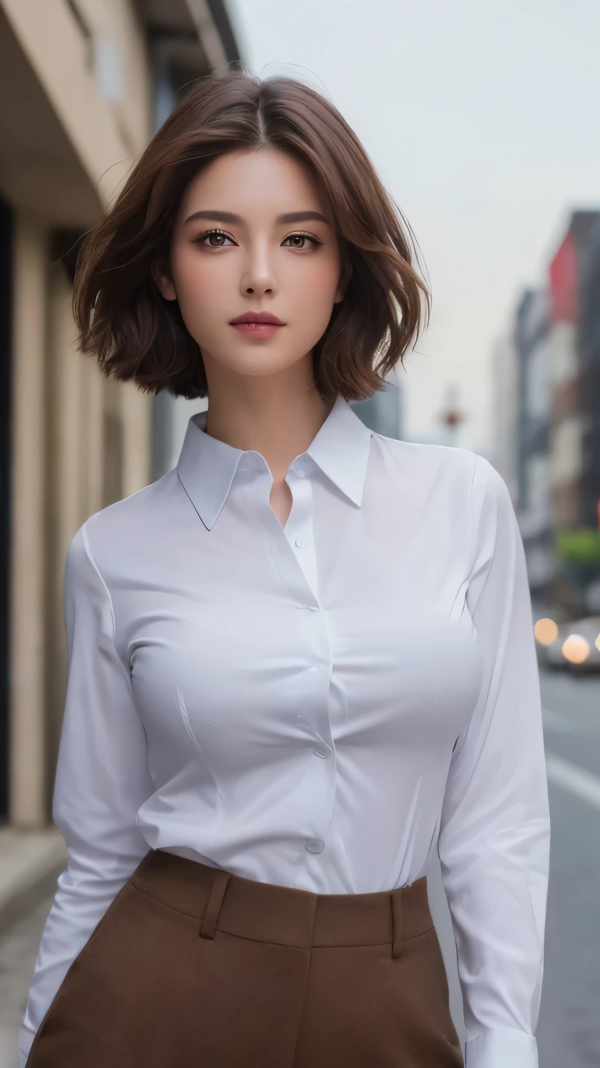 ((Highest quality, 8k, masterpiece :1.3)), Sharp focus :1.2, Beautiful woman with perfect figure :1.4, Slim Abs :1.2, ((Dark brown hair, :1.2)), (White button-up long shirt :1.1), City Street:1.2, Highly detailed face and skin texture, Fine grain, double eyelid、Large Breasts、Cleavage