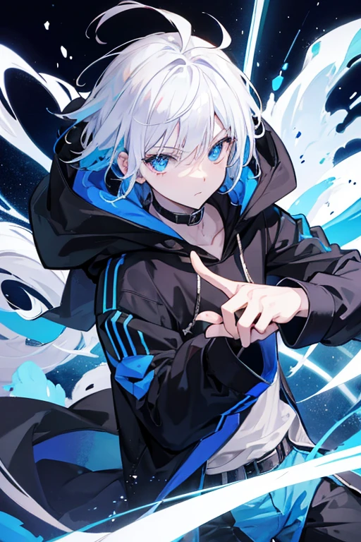 High resolution、Anime boy with white hair and blue eyes looking at the camera、Glowing blue eyes、Wearing a black hoodie、Colorful background、My hair is messy