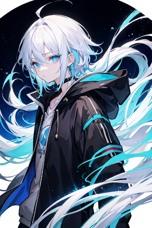 High resolution、Anime boy with white hair and blue eyes looking at the camera、Glowing blue eyes、Wearing a black hoodie、Colorful background、My hair is messy
