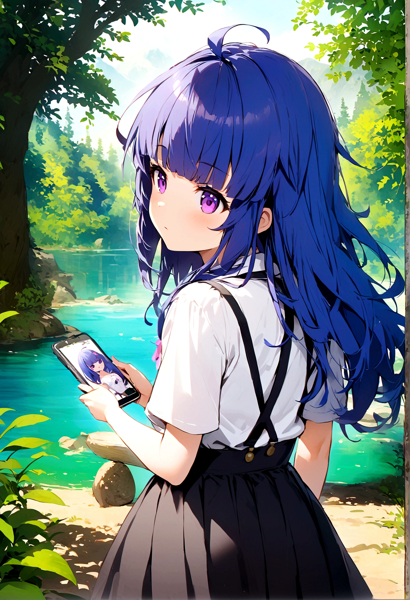 One Girl, (Full Out Rika), a bit, Blue Hair, Purple eyes, Long Hair, blunt bangs, bangs, White shirt, Pink ribbon, suspenders, Black Skirt, Draw a picture of your back in nature。Forest or lakeside、Mountain tops, etc..、Place the figure in a place where it blends in with nature..。