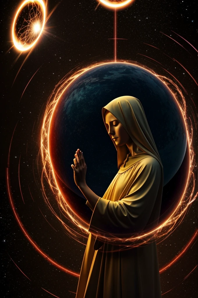 A person and Virgin Mary protected by a sphere of energy and outside some dark beings attacking the sphere