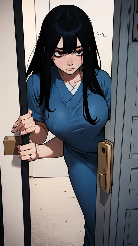 Sadako looking behind a door from a dark ropm, puerta entreabierta, curvy, horror, dark room, dark, tenebroso, miedo, thriller