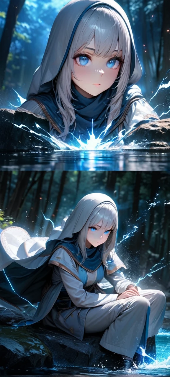  High quality, ultra realistic,absurdres, highres, ultra detailed, HDR, masterpiece, extremely detailed face and eyes,  beautiful hijab girl on the forest , sit on rock infront light blue lake, ,, white hair ,, ,white eyeleshes, blue eyes , Epic fight scene, blue splashing effect,blue lightning  effect,glowing glitters , 