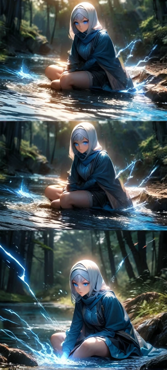  High quality, ultra realistic,absurdres, highres, ultra detailed, HDR, masterpiece, extremely detailed face and eyes,  beautiful hijab girl on the forest , sit on rock infront light blue lake, ,, white hair ,, ,white eyeleshes, blue eyes , Epic fight scene, blue splashing effect,blue lightning  effect,glowing glitters , 