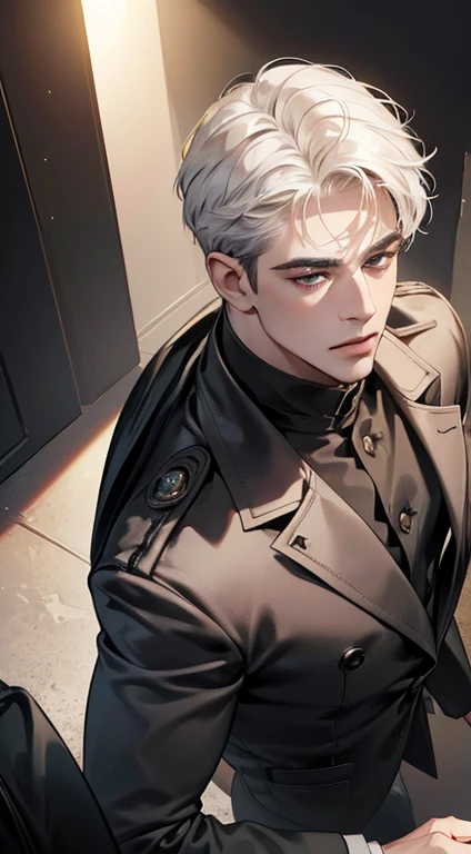(best quality, masterpiece, 8K, photorealistic, cinematic lighting, 1:4 hdr image, top view, ultra detailed, beautiful image), a mature man, very handsome, short white hair, black eyes, perfect face without errors , (CEO)