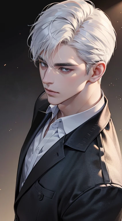 (best quality, masterpiece, 8K, photorealistic, cinematic lighting, 1:4 hdr image, top view, ultra detailed, beautiful image), a mature man, very handsome, short white hair, black eyes, perfect face without errors , (CEO)
