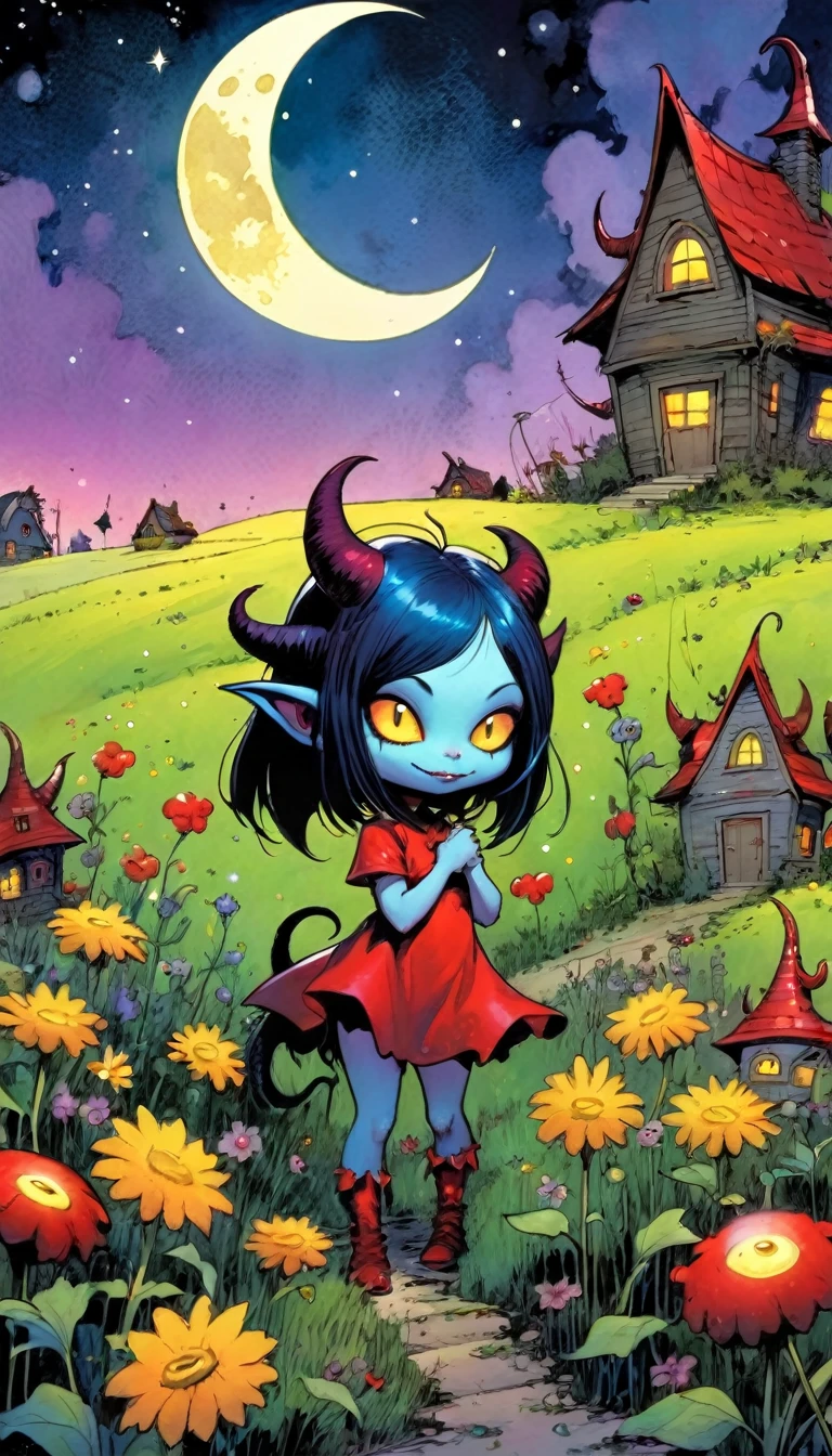 sexy demon girl, picks flowers in the field, eroticism, village of funny little demons, stunning landscape, funny little demons, magical, fantastic, night sky, moon, stars, cute, adorable, background, (demon houses (art inspired by Skottie Young and Bill Sienkiewicz).