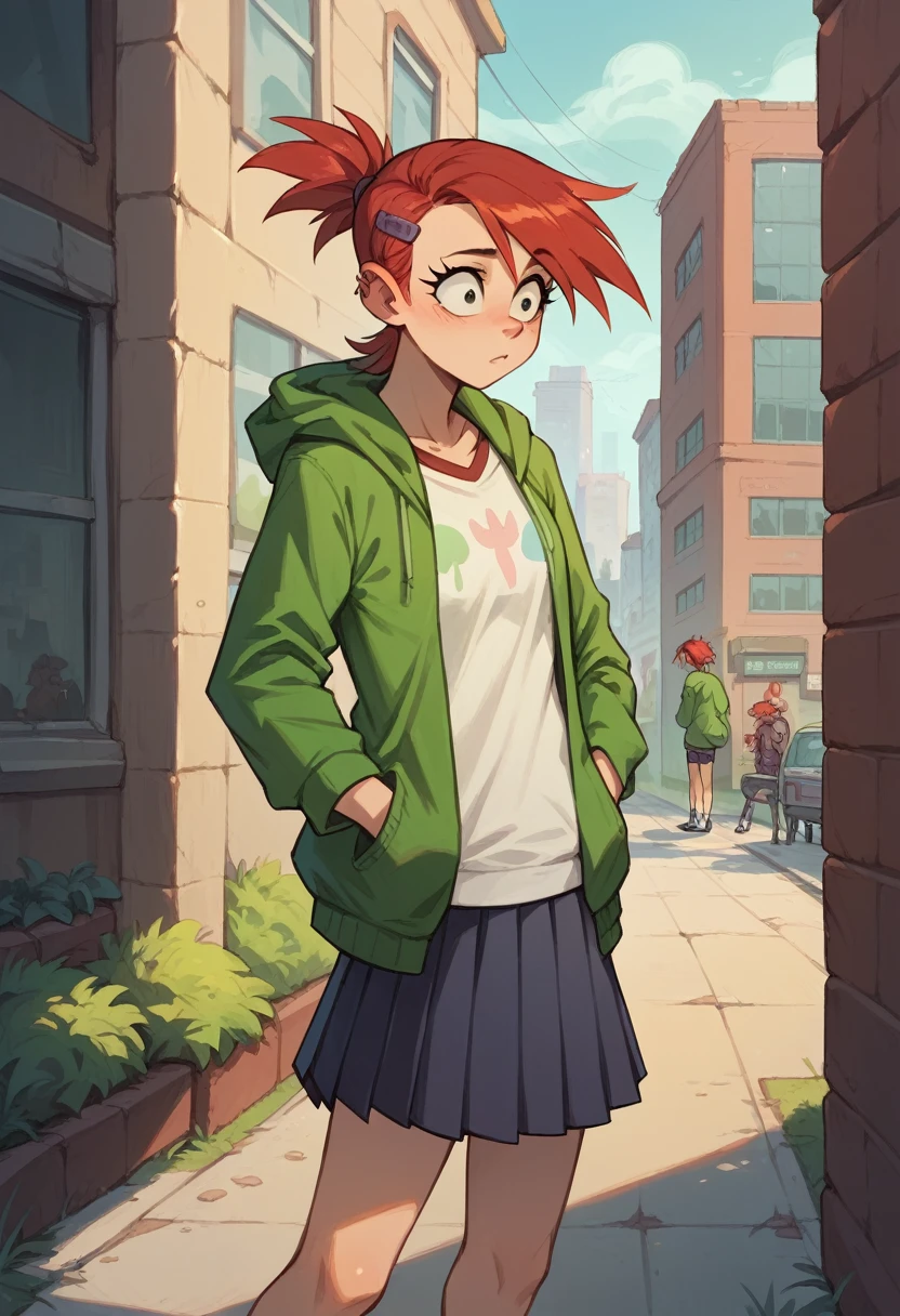 masterpiece, best quality, discreen vision, frankie foster, pleated skirt, green hoodie, open hoodie, zipper, outdoors, city, shirt under hoodie, open clothes, red hair, hood up