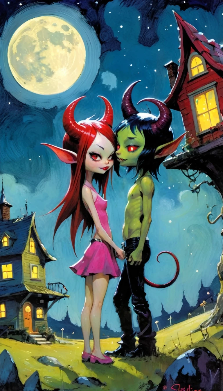 girl and boy, demon boy and sexy demon girl, sex sex sex, erotism,village of little and funny demons, impressive landscape, little and funny demons, magical, fantastic, night sky, moon, stars, cute, adorable, background, ( demon houses (art inspired by Skottie Young and Bill Sienkiewicz). oil painting)
