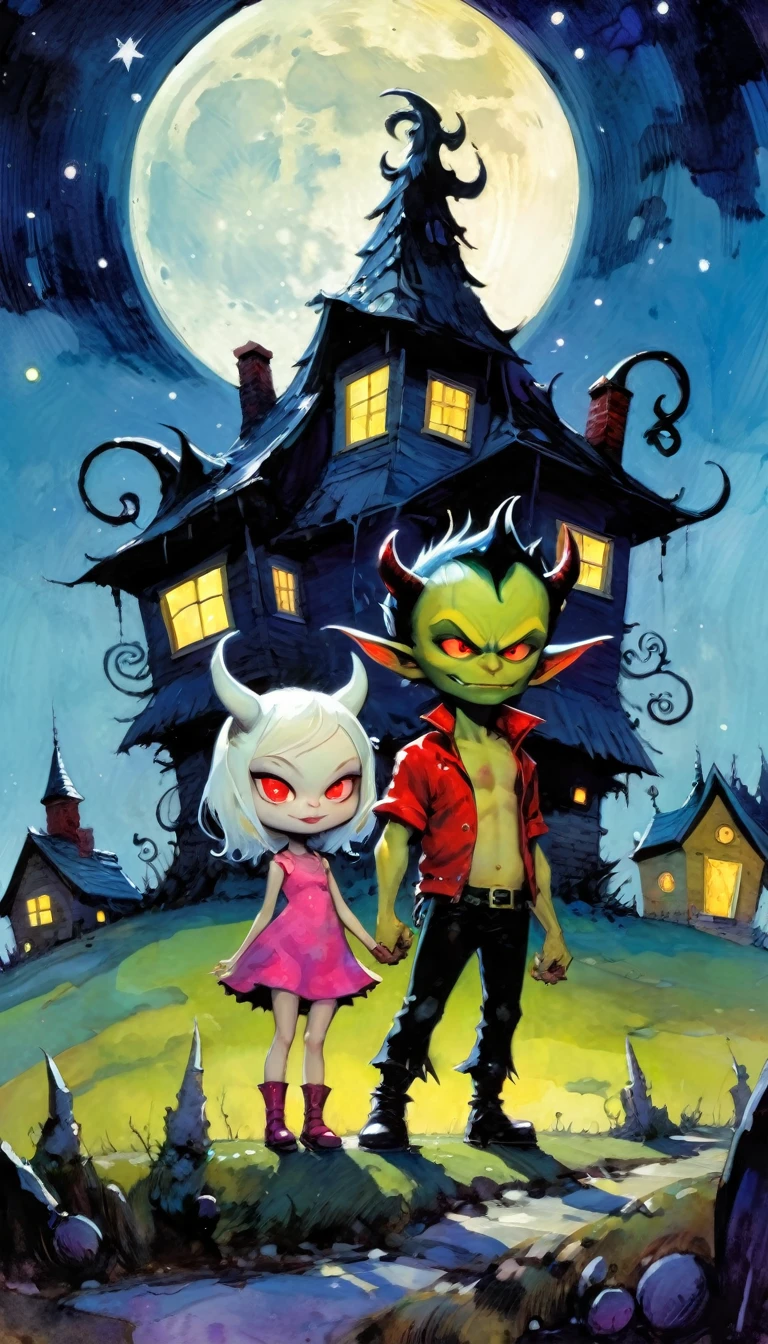 very sexy demon girl, does a ritual with candles at night, surrounded by mini demons, eroticism, sex sex sex, village of funny little demons, impressive landscape, funny little demons, magical, fantastic, night sky, moon, stars, cute , adorable, background (demon houses (art inspired by Skottie Young and Bill Sienkiewicz).
