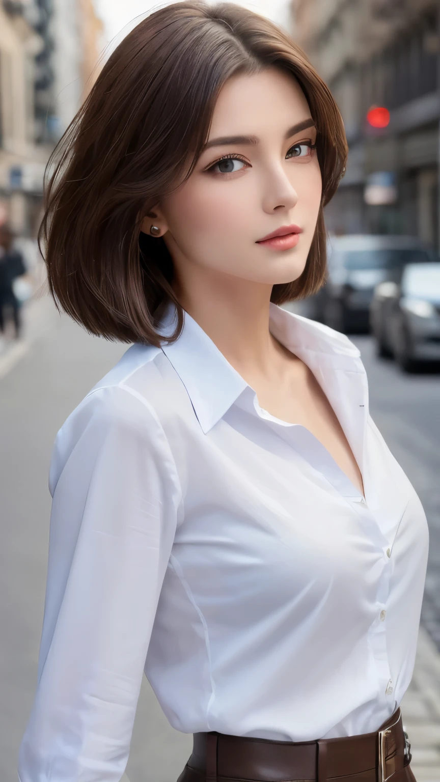 ((Highest quality, 8k, masterpiece :1.3)), Sharp focus :1.2, Beautiful woman with perfect figure :1.4, Slim Abs :1.2, ((Dark brown hair, :1.2)), (White button-up long shirt :1.1), City Street:1.2, Highly detailed face and skin texture, Fine grain, double eyelid、Large Breasts、Cleavage