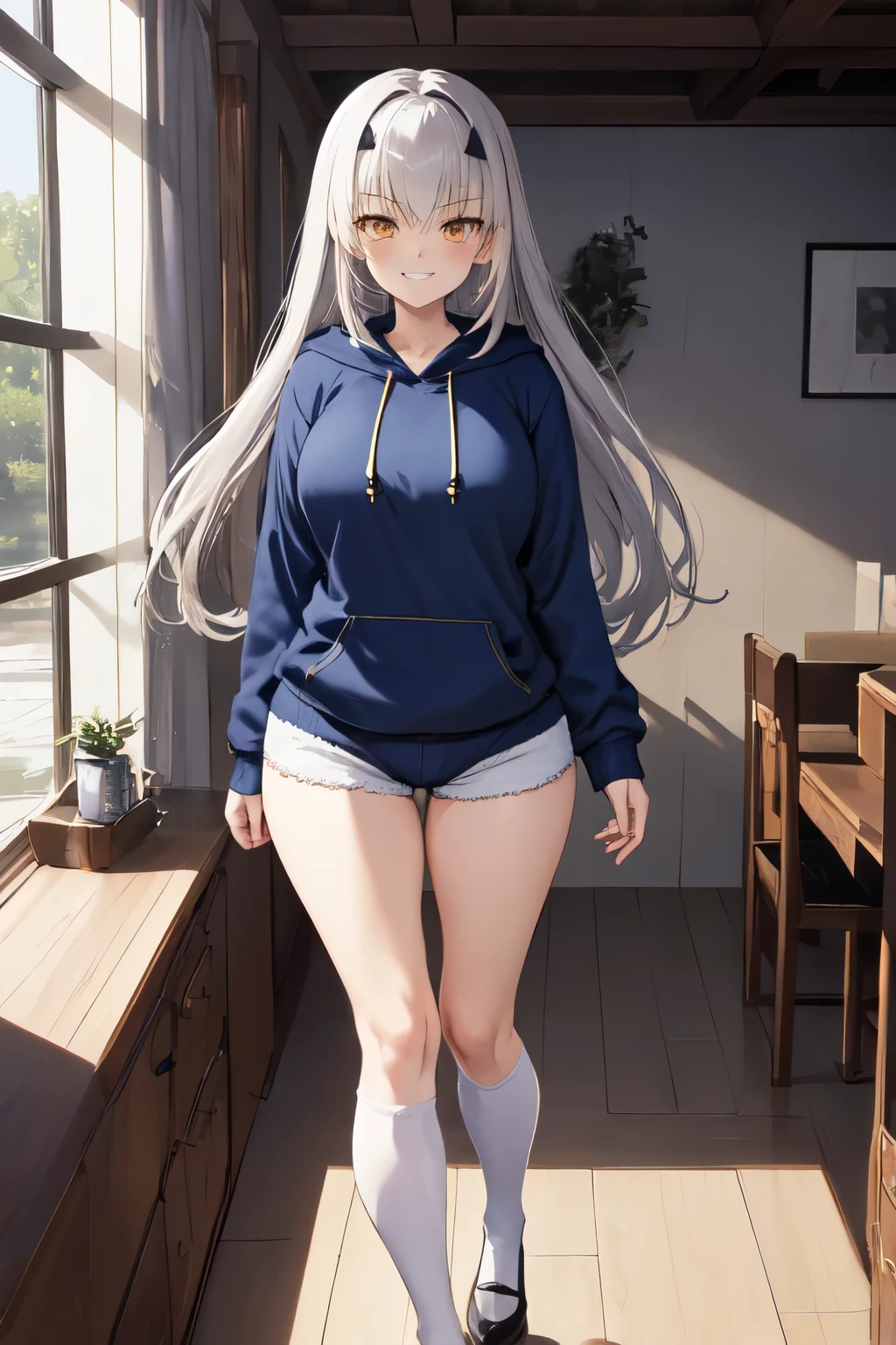 masterpiece, Highest quality, 1 person,( Large Breasts,Blue hoodie, Are standing, View your viewers,Dolphin Shorts,),Detailed Background、A person who writes in detail、Accurate human body、Knowledgeable person、There are 5 correct answers、Mature Woman,Thighsが太い,Cruby Body,Melusine, (Brown eyes:1.5), Long Hair, ((Gray Hair)), Side Lock,Long sleeve、Knee socks、Thighs、白いKnee socks、alone,wedding ring,Platinum Ring,seductive grin smug