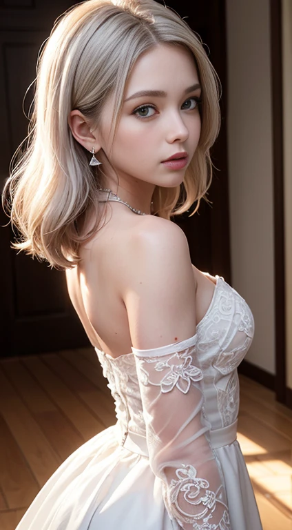 unsurpassed masterpiece, Ultra photo realsisim, perfect artwork, intricate details, Best Quality, strong light,High contrast,(extremely detailed CG unity 8k wallpaper .Masterpiece , (((Best Quality))) , ultradetailed , beautiful detail eyes:1.2)((Extremely detailed))) , High detail and beauty , small detailed , Ultra Detailed , beste-Qualit , Intricate , 4k , 8K , Trending art station , good anatomy , beautifully backlit , Award-winning , Jewelry , Dress , pectorals , earings , Separated Sleeves , black gloves , cleavage , white colored hair .long sleeves , Bangs , Average Breasts,