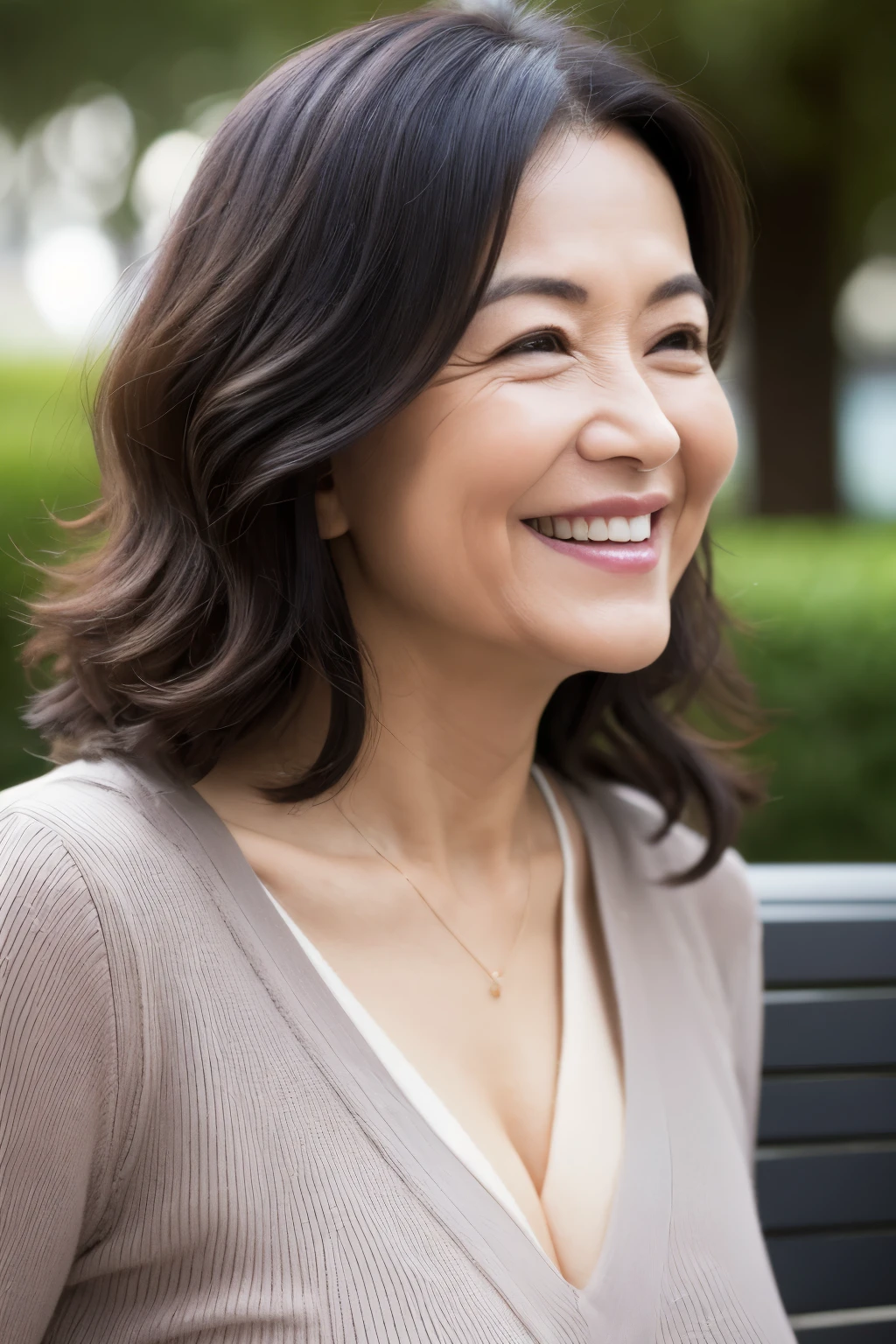 最high quality, In 8K, Masseter muscle area, Lifelike, Sharp focus, high quality, High resolution, Detailed face, Detailed eyes, Thick lips, Background Blur, solo, Middle-aged women, Chubby, 55 years old, , Medium long wavy hair, Cleavage, Wearing a plain short-sleeved knit, Sitting on a park bench, Wrinkles around the eyes, Toothy smile