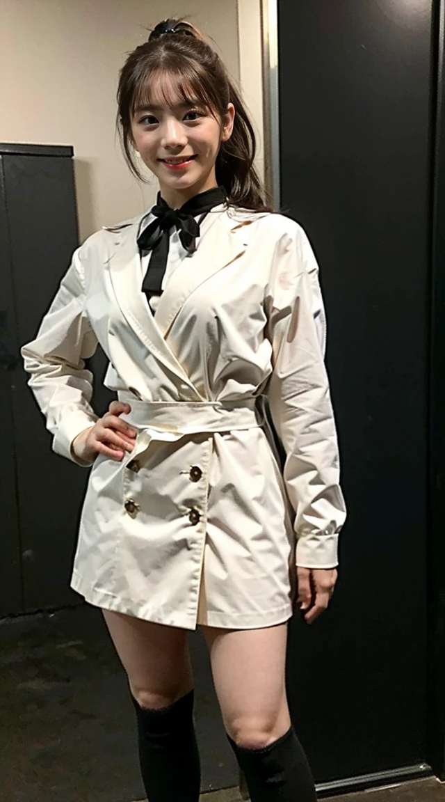 (8k、RAW Photos、Highest quality、masterpiece:1.2)、(Realistic、Photorealistic)、1 Girl、There is a mole next to the eye、((Black Mini Dress、Black boots、Pink Coat、Black ribbon on chest))、Her skirt is rolled up、Gal、Lots of eyelashes、Sparkles on the eyelids、Black knee-high socks、skeletally correct、Open your thighs、Wavy Ponytail、、Cute Smile、Sweaty body、Attractive body、Beautiful perfect body、Beautifully trimmed fingertips、Standing with hands on hips