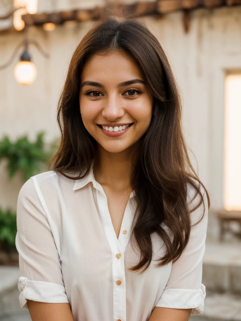 24YO, one women, cute smile, white teethes, white skin Russian/Jordanian, long burnt orange shirt, light brown eyes, small nose, black/brown long hair