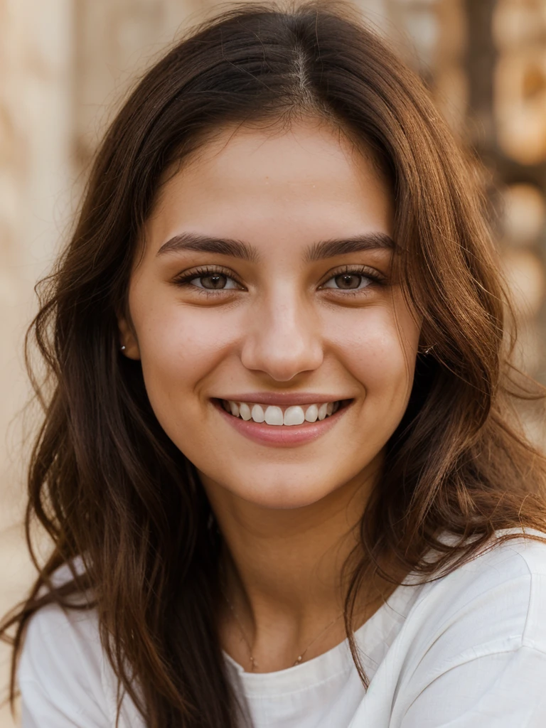24YO, one women, cute smile, white teethes, white skin Russian/Jordanian, long burnt orange shirt, light brown eyes, small nose, black/brown long hair