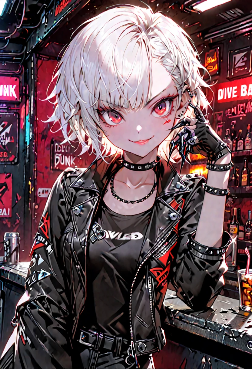 solo, female, white hair, short hair, wild hair, red eyes, smile, dive bar, dark, leather jacket, small breasts, black jeans, studded chocker, punk aesthetic, futuristic, medium shot, inspecting nails, metal claws, contrapposto