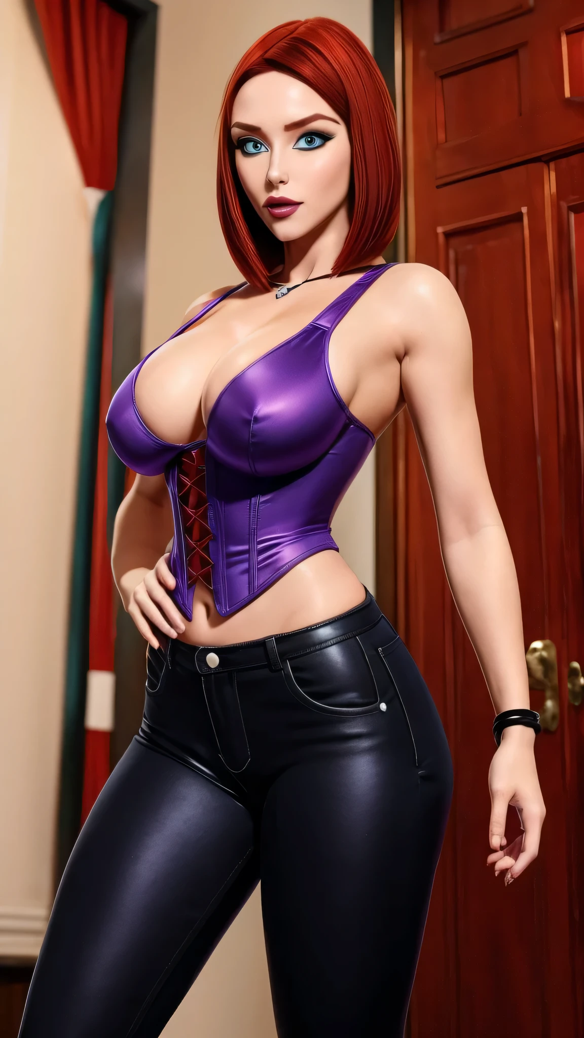 A sexy girl big breast short red hair round her blue eye wears purple corset and tight black pants big thigh