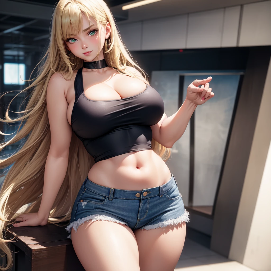 One girl, solo, Big round breasts, clevage, curvy body, realistic, blonde hair, light green eyes, amazing big eyes, eye details, eyebrow details, white crop top, denim skirt, big lips, blush, confident, dominant, bdsm, smirk, naughty, mischevious face, HD, good quality, crop top, curvy, standing up, lounge area