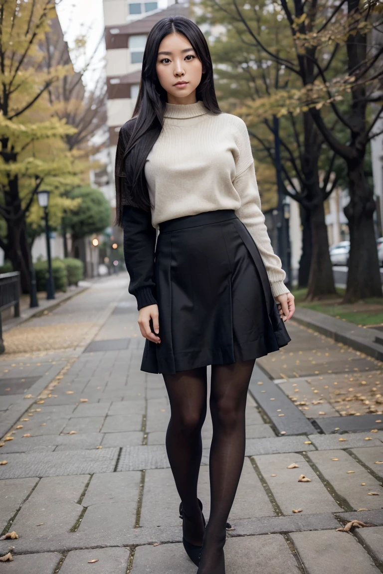 1girl, Solo, One Japanese woman of about 25 years old, black long elegant hair style, black eyes, sweater, skirt, heels, black pantyhose ,park photography, whole body, body measurement 36-25-35, 8k, , Masterpiece, Full Body Shooting, Top Quality, Fine Pore, Realistic, Photorealistic, Ultra Detailed
