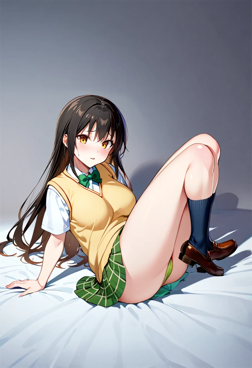 ((masterpiece)), highest quality, Super detailed,(One girl),Yui Kotegawa morphing into lizard, Long Hair,Beautiful background ,((yellow sweater vest, white shirt, short sleeves, green bowtie, plaid miniskirt, green miniskirt, socks, loafers)), chest, Curved body,Lie in, Look to the side, Worried face, Wide-open legs, NSFW,