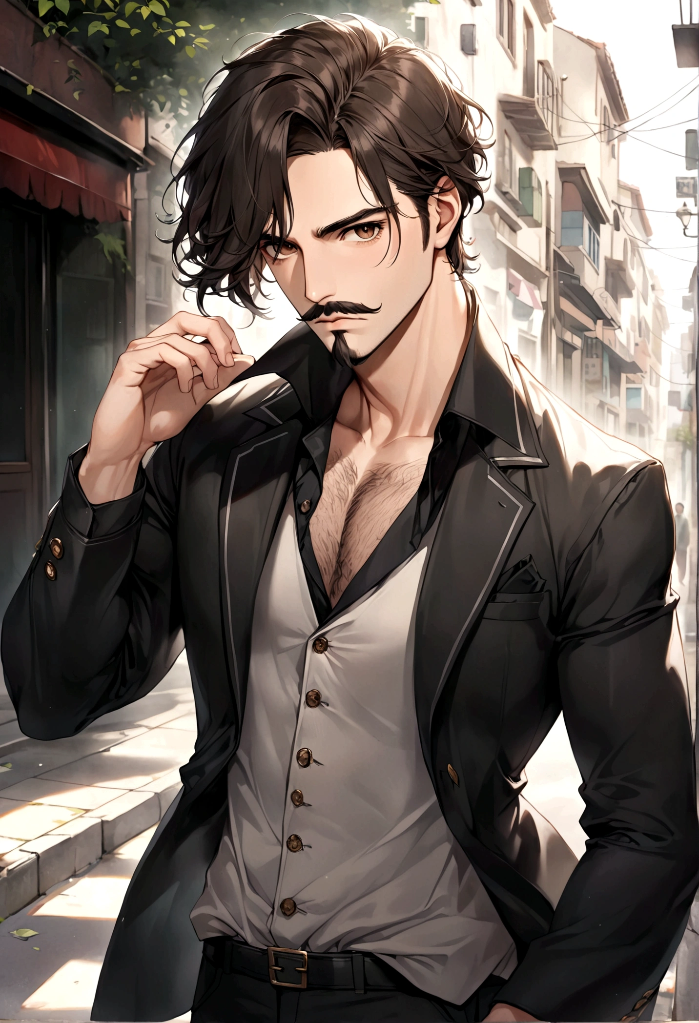 (una playera blanca con una chaqueta de piel negra para hombre), ), ((bigote estilo Van Dyke y (barba de chivo) "Van Dyke", Van Dyke beard)), (light brown eyes), Aspecto atractivo y serio, ((cabello muy largo oscuro, messy hair)), Elegante y con estilo, chamarra de piel negra, Un hombre maduro similar al actor Jim Morrison con el cabello largo, ((cabello muy largo)), (Imagen realista y de alta calidad), en la calle estilo urbano, un bosque al rededor, ((La mejor calidad, 8K, obra maestra).((dynamic pose with forward gaze, viendo al espectador)), (cabello largo pasando los hombros)