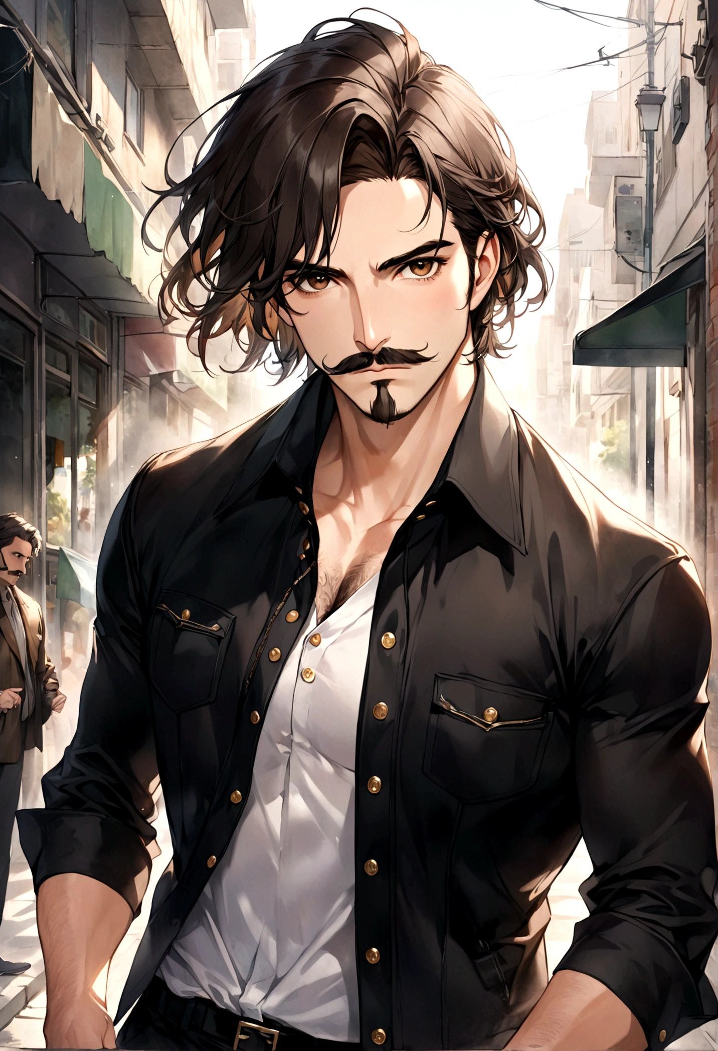 (una playera blanca con una chaqueta de piel negra para hombre), ), ((bigote estilo Van Dyke y (barba de chivo) "Van Dyke", Van Dyke beard)), (light brown eyes), Aspecto atractivo y serio, ((cabello muy largo oscuro, messy hair)), Elegante y con estilo, chamarra de piel negra, Un hombre maduro similar al actor Jim Morrison con el cabello largo, ((cabello muy largo)), (Imagen realista y de alta calidad), en la calle estilo urbano, un bosque al rededor, ((La mejor calidad, 8K, obra maestra).((dynamic pose with forward gaze, viendo al espectador)), (cabello largo pasando los hombros)