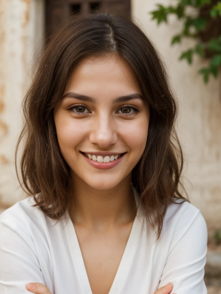 24YO, one women, cute smile, white teethes, white skin half Russian half Jordanian, long burnt orange shirt, light brown eyes, small nose, black/brown long hair