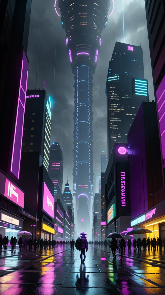 Uma cidade futurista e perturbadora, Large buildings defy gravity with their aesthetic design,e iluminado com rosa, roxo, azul. The lights of futuristic vehicles are reflected on the sidewalk by the rain that falls in the city Remembering Blade Runner, arte cyberpunk de blade runner, Dystopian Cyberpunk City