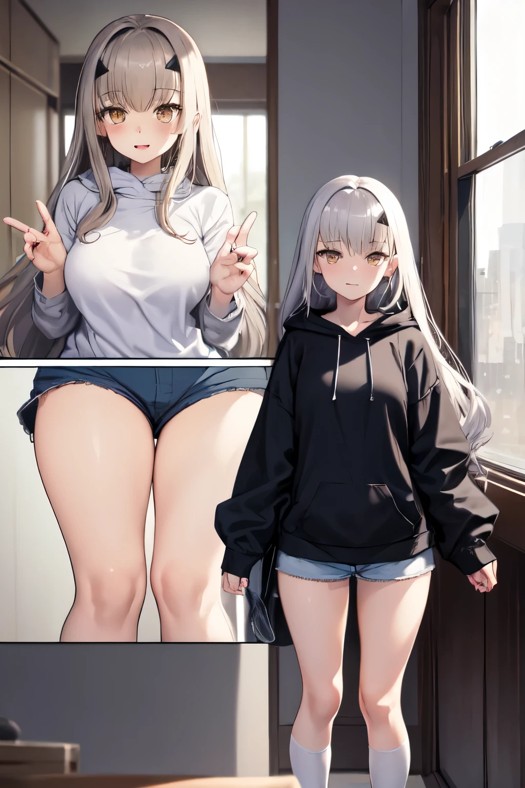 masterpiece, Highest quality, 1 person,( Large Breasts,Blue hoodie, Are standing, View your viewers,Dolphin Shorts,),Detailed Background、A person who writes in detail、Accurate human body、Knowledgeable person、Accurate 5 fingers、Mature Woman,Thighsが太い,Cruby Body,Melusine, (Brown eyes:1.5), Long Hair, ((Gray Hair)), Side Lock,Long sleeve、Knee socks、Thighs、白いKnee socks、alone,wedding ring,Platinum Ring,happy