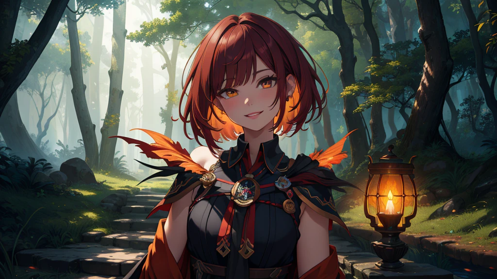  (Highly detailed CG Unity 4k wallpaper),(masterpiece),(Highest quality),(Super detailed),(Best illustrations),(Best Shadow),(Absurd),(Detailed Background), Set in a dark fantasy forest, Shoulder-length dark red hair (Bobcut),smile, Dynamic pose, Amber Eyes, Priestess&#39;s Cloak, Neutral expression, close, Circlet