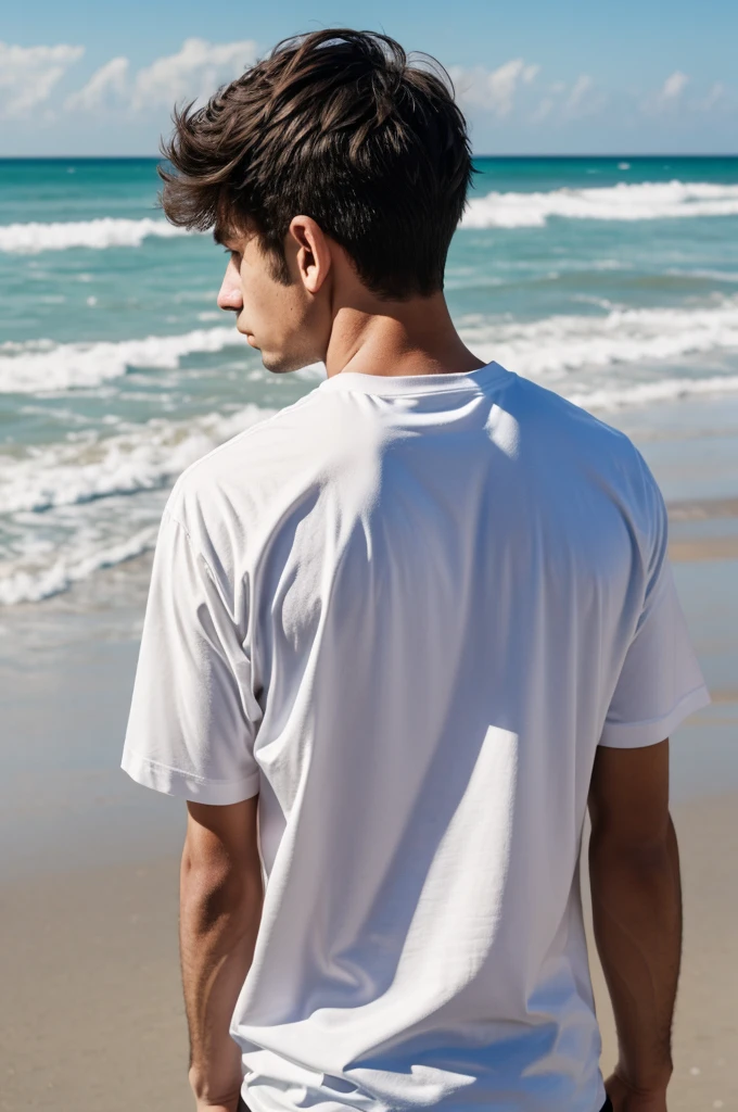 Generate a sad boy pic inside a beach in which back side of the shirt was blank
