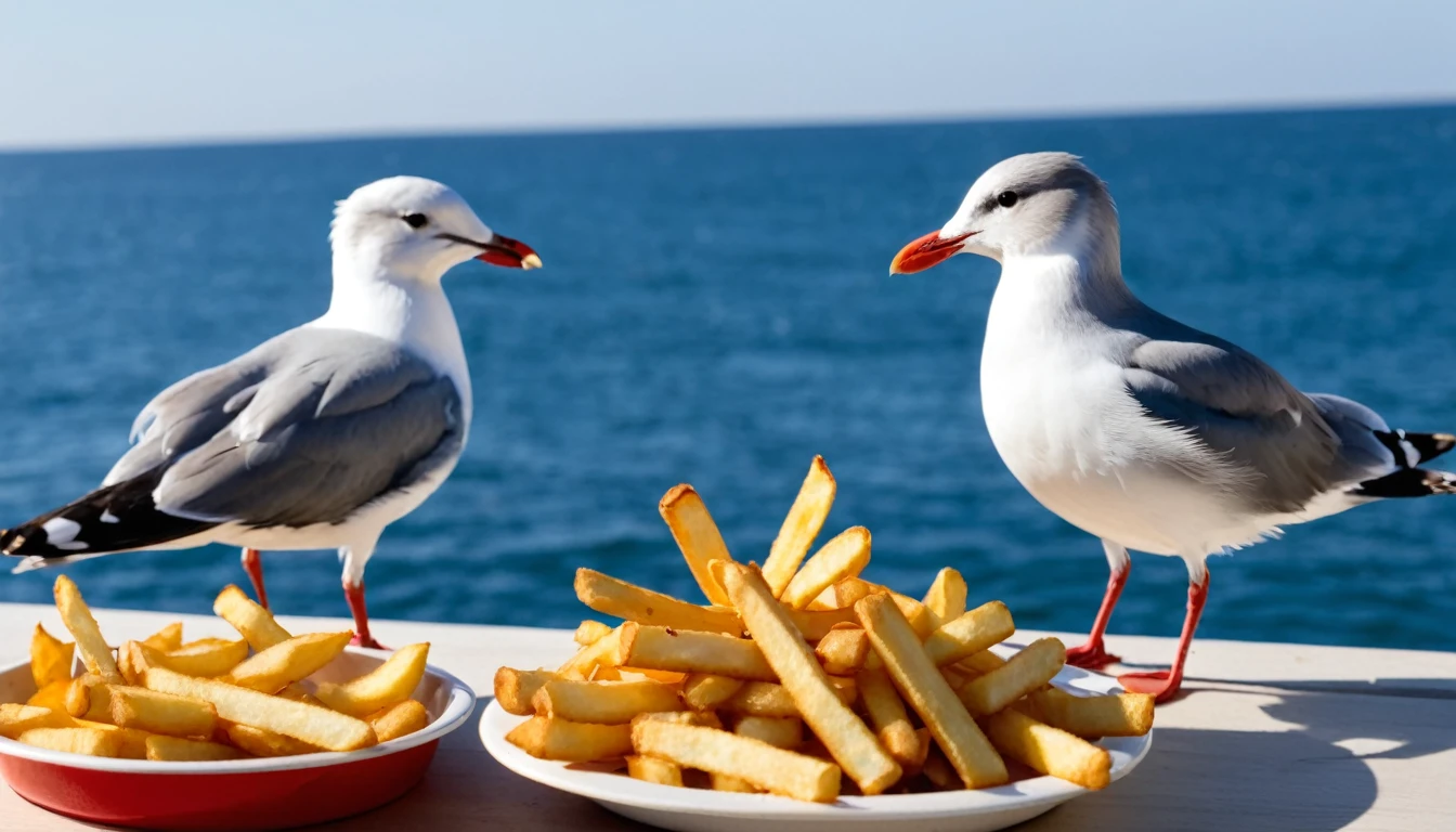 Deux mouettes mangeant la même frites, elles ont une frite dans  leur bec, it&#39;s the same fry, d'autres mouettes volent au dessus d'eux, anatomie parfaite,plage,sunset to the left of the photo,Cinematic lighting, (une mouette porte des lunettes de soleil), (masterpiece,8k,Professionnel,composition parfaite,very aesthetic,absurdes,ultra-detailed,intricate details:1.4),proportion parfaite