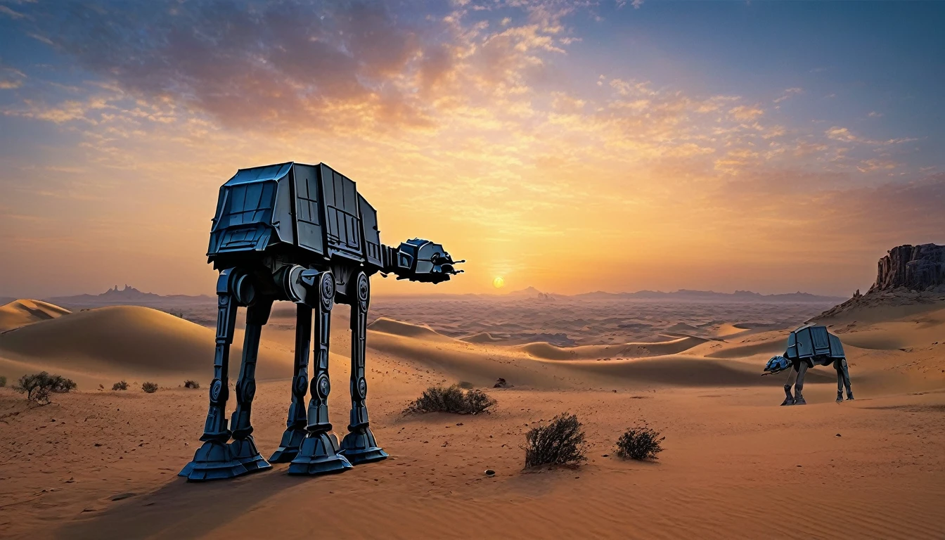 View a vast desert landscape bathed in golden twilight, evoking the iconic Star Wars look. No centro da cena, a Jedi in a flowing cape stands silhouetted against the orange sky, your glowing blue lightsaber in your hand, pronto para enfrentar qualquer desafio. The ruins of an ancient civilization rise majestically in the background, and the remains of a fallen AT-AT adorn the landscape. The atmosphere is charged with expectation, as if an epic battle was about to begin.hyper realistic composition,32k resolution,cinematic composition,cinematic color grading.photography whit Phaseone 85mm,death of field lens.