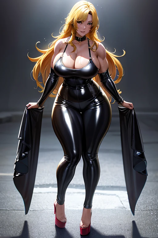 4k, high quality, hdr, uhd, high definition, beautiful, sexy, hot, perfect, muscular, woman, wet hair, slim thicc, perfect body, accentuated curves, femininity, tight, full body picture, platform heels, Yellow latex leggings, body hugging, second skin, Black latex bra, thick lips, wet body, cool lighting, shiny, choker