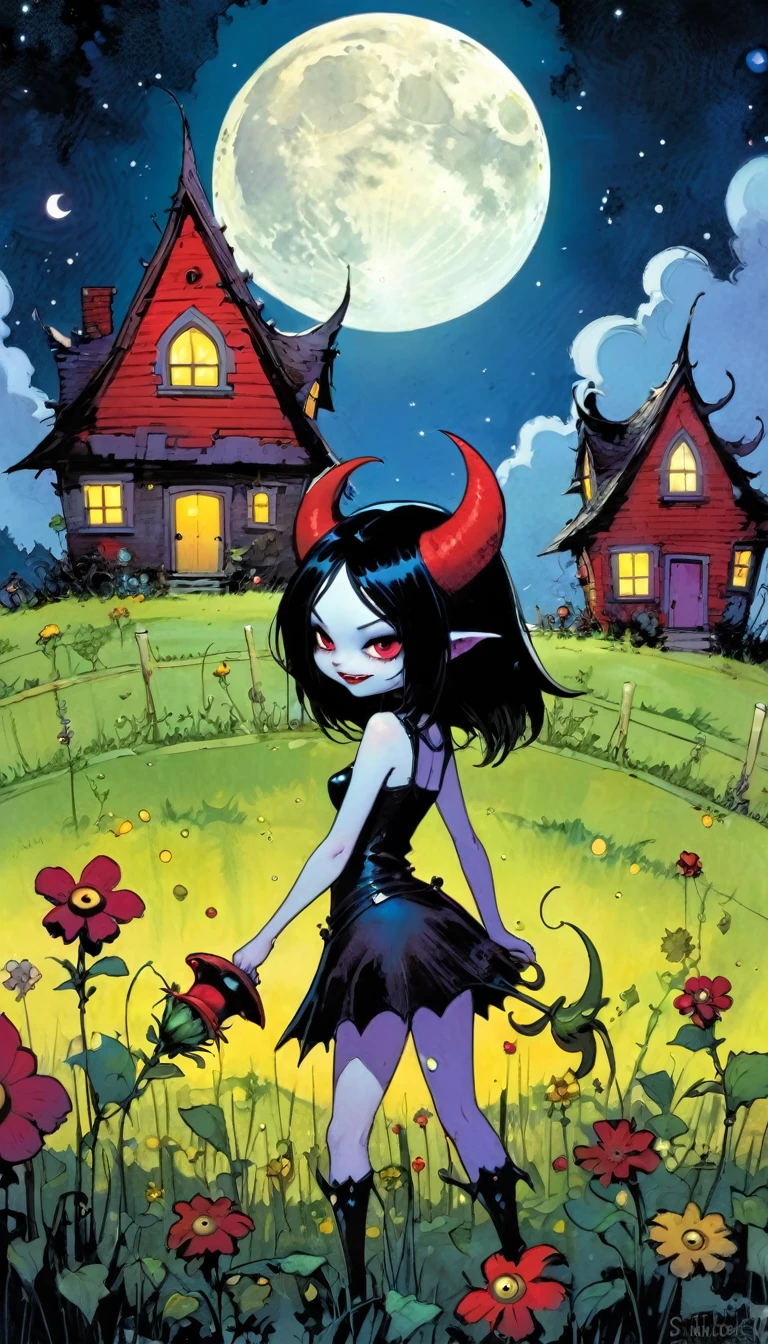 sexy demon girl, picks flowers in the field, eroticism, village of funny little demons, stunning landscape, funny little demons, magical, fantastic, night sky, moon, stars, cute, adorable, background, (demon houses (art inspired by Skottie Young and Bill Sienkiewicz).