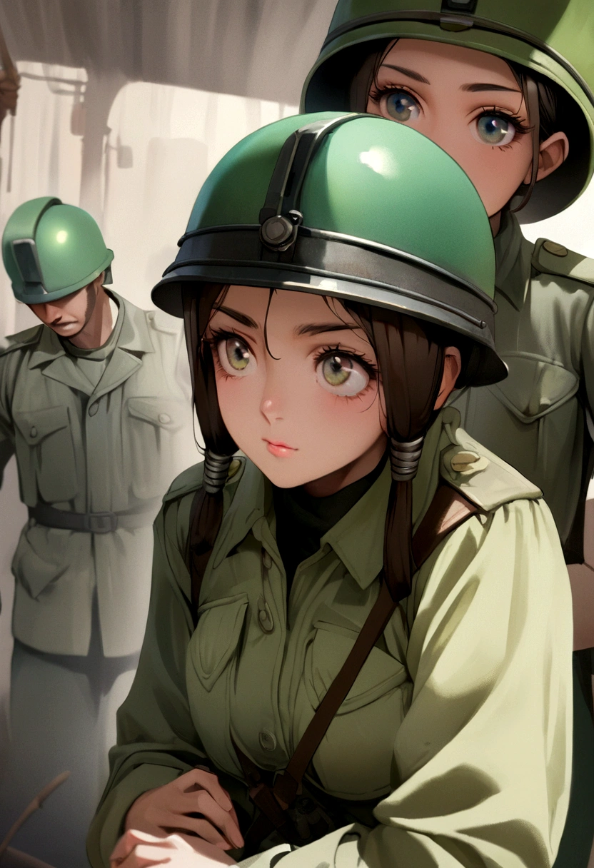 A brown haired soldier girl, ojos azules y piel blanca, with a green helmet and a Soviet light green jacket, soviet soldier girl