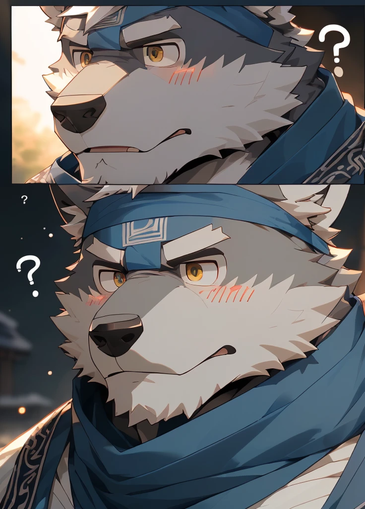 (masterpiece)，(Very detailed)，(best quality)，hairy，Wolf，Dark black fur，white hair，Gray pupil，Muscular，(Japan samurai attire)，((blue scarf))，((Brown headband))，(blush:1.1)，(A puzzled expression:1.2)，((question mark:1.3))，((Ultra HD close-up:1.4))，8K，(high quality)，(Ultra high quality)，(Super detailed)，(Best Works)