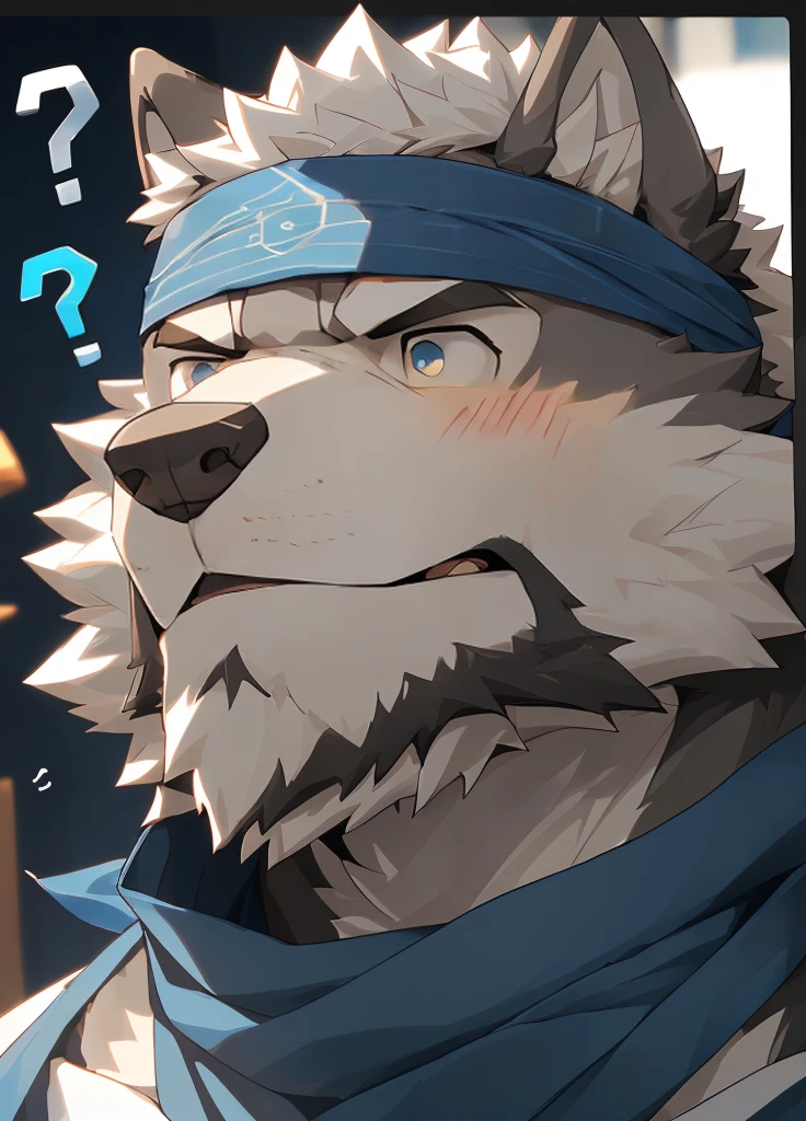 (masterpiece),(Very detailed),(best quality),hairy,Wolf,Dark black fur,white hair,Gray pupil,Muscular,(Japan samurai attire),((blue scarf)),((Brown headband)),(blush:1.1),(A puzzled expression:1.2),((question mark:1.3)),((Ultra HD close-up:1.4)),8K,(high quality),(Ultra high quality),(Super detailed),(Best Works)