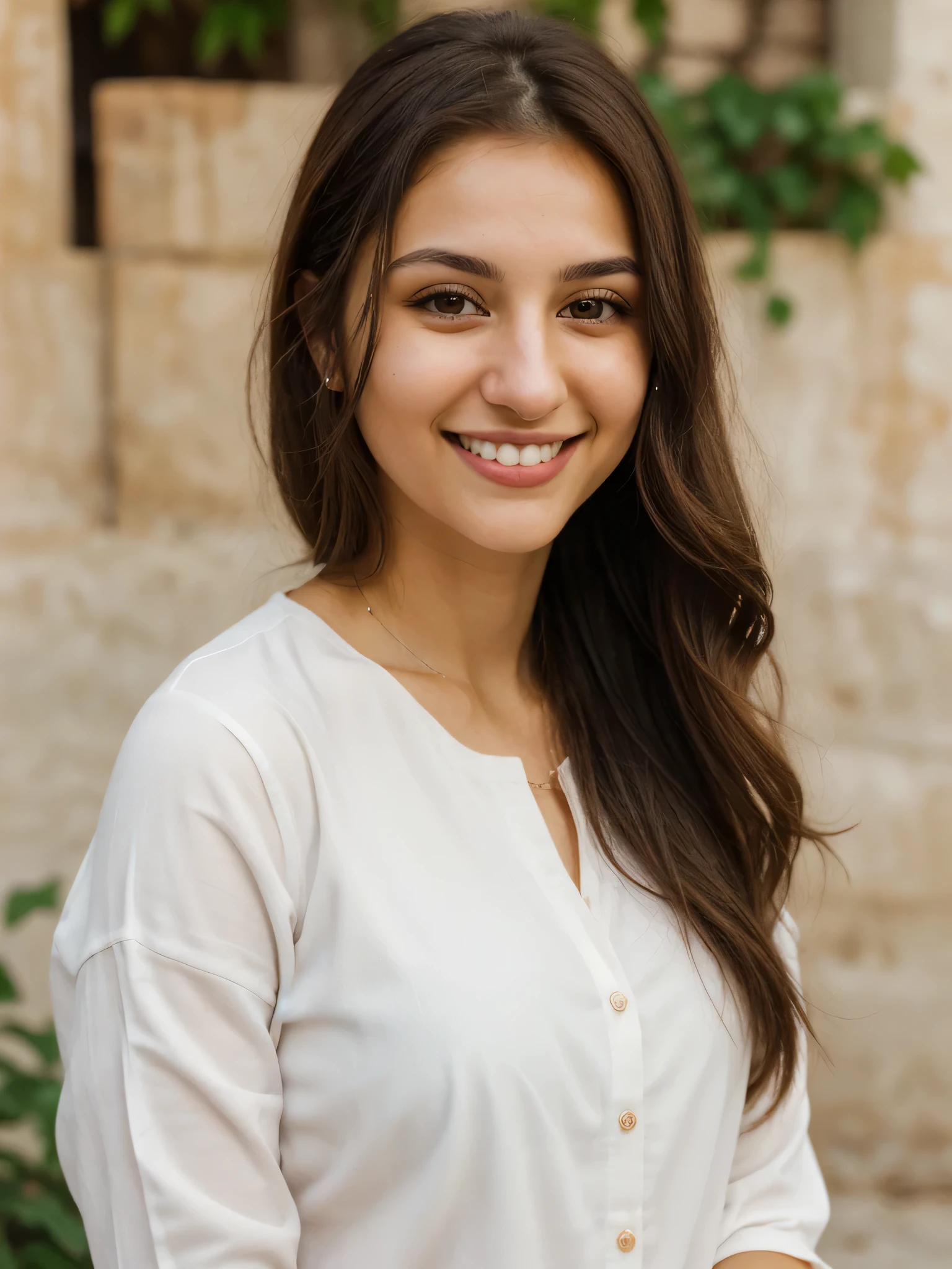 24YO, one women, cute smile, white teethes, white skin half Russian half Jordanian, long burnt orange shirt, light brown eyes, small nose, black/brown long hair