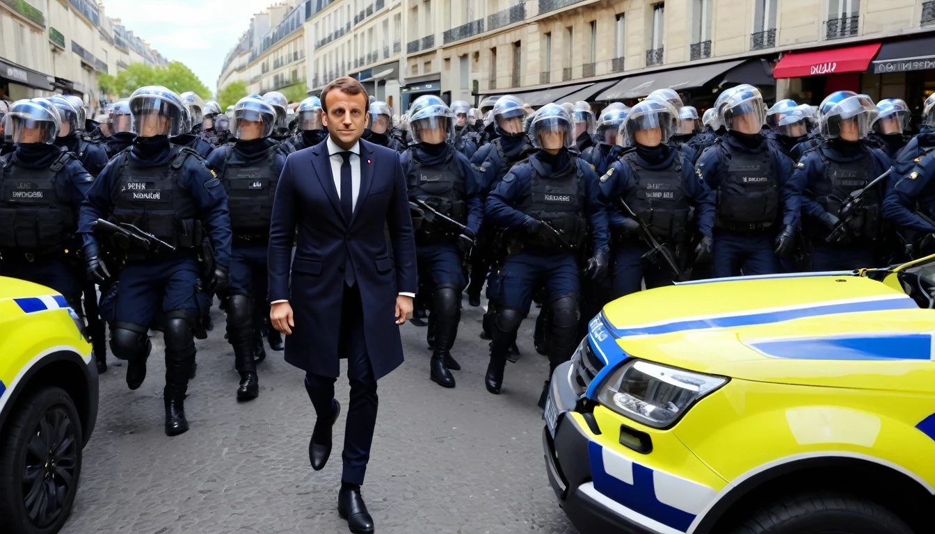 A close-up of Emmanuel Macron, surrounded by a swarm of yellow jackets, with an assault riffle in hand.