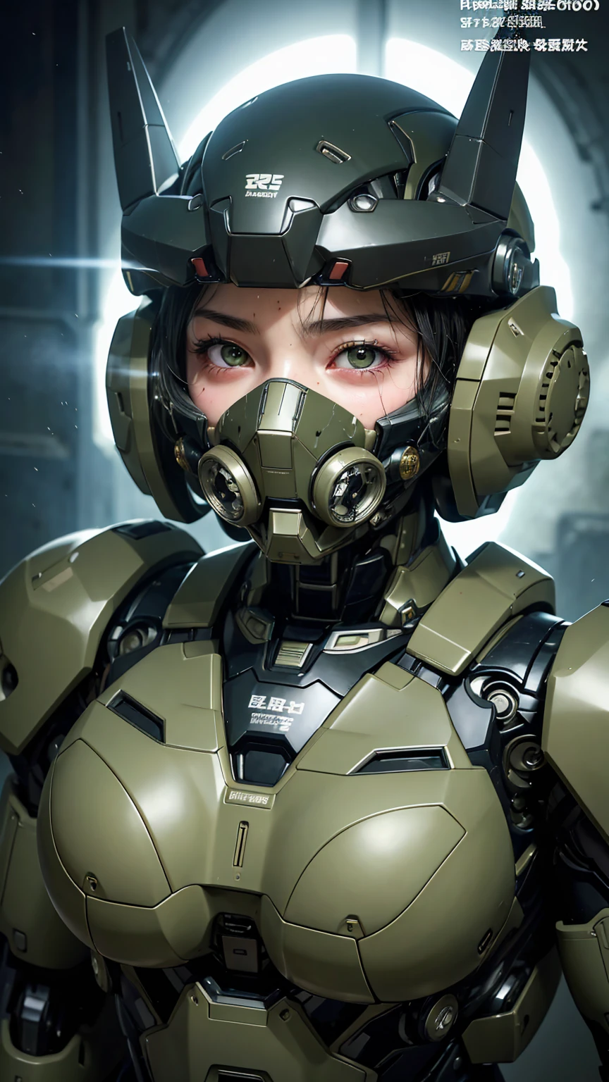 最high quality非常に詳細, Advanced Details, high quality, 最high quality, High resolution, 1080p, hard disk, beautiful,(War Machine),(Snug-fitting headgear),See the big picture,beautifulサイボーグ女性,Dark Green Mecha Cyborg Girl,Battle Mode,Mecha Body Girl　8k dark green body armor　Elementary school girl　Sweaty face　Droopy eyes　short hair　Gas mask with extension nozzle　boyish　Steam coming out of my head　My hair is wet with sweat　Black Hair, Steam coming out of the mouth　Lying in bed　The skin under the face is not exposed　smile