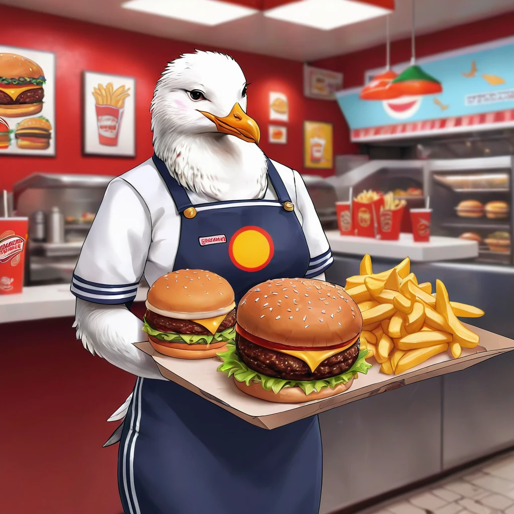 A seagull is wearing a burger shop uniform and frying fries