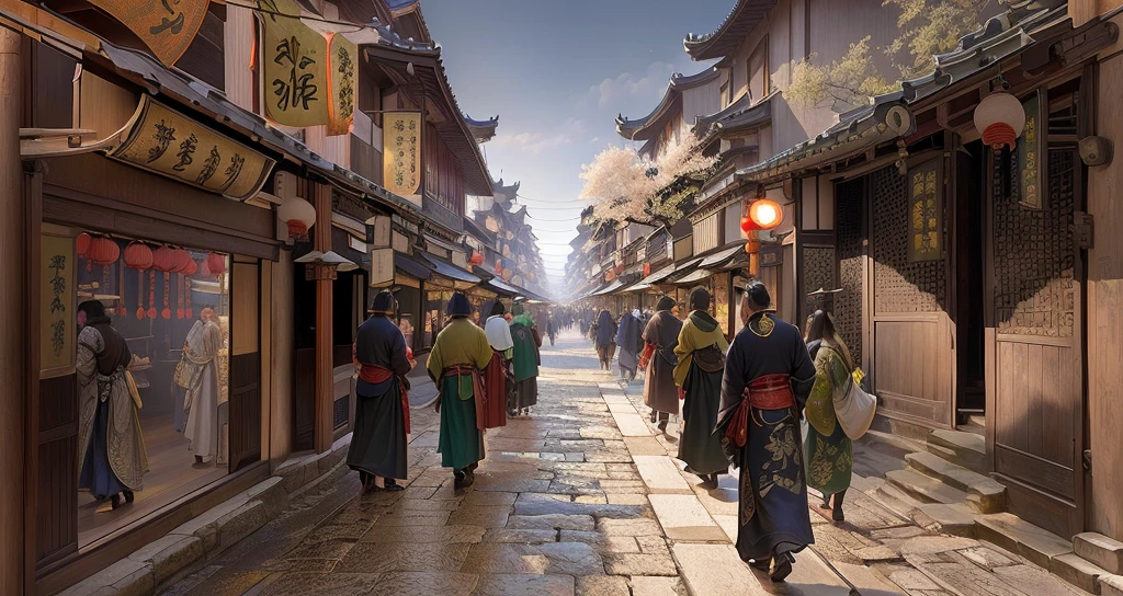 daytime,There are many pedestrians on the streets of the old town, traditional japanese Concept Art, Beautiful rendering of the Ming Dynasty, Dreamy Chinatown, Estilo de Raphael Lacoste, Old Chinese street market, Inspired by Zhang Sengyao, China Village, Concept Art rendering, inspired by Raphael Lacoste (Raphael Lacoste), Concept Art stunning atmosphere, Concept Art , Height Rendering, Feudal Chinese art