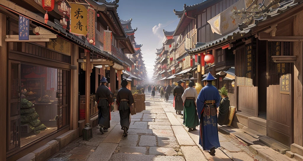 daytime,There are many pedestrians on the streets of the old town, traditional japanese Concept Art, Beautiful rendering of the Ming Dynasty, Dreamy Chinatown, Estilo de Raphael Lacoste, Old Chinese street market, Inspired by Zhang Sengyao, China Village, Concept Art rendering, inspired by Raphael Lacoste (Raphael Lacoste), Concept Art stunning atmosphere, Concept Art , Height Rendering, Feudal Chinese art